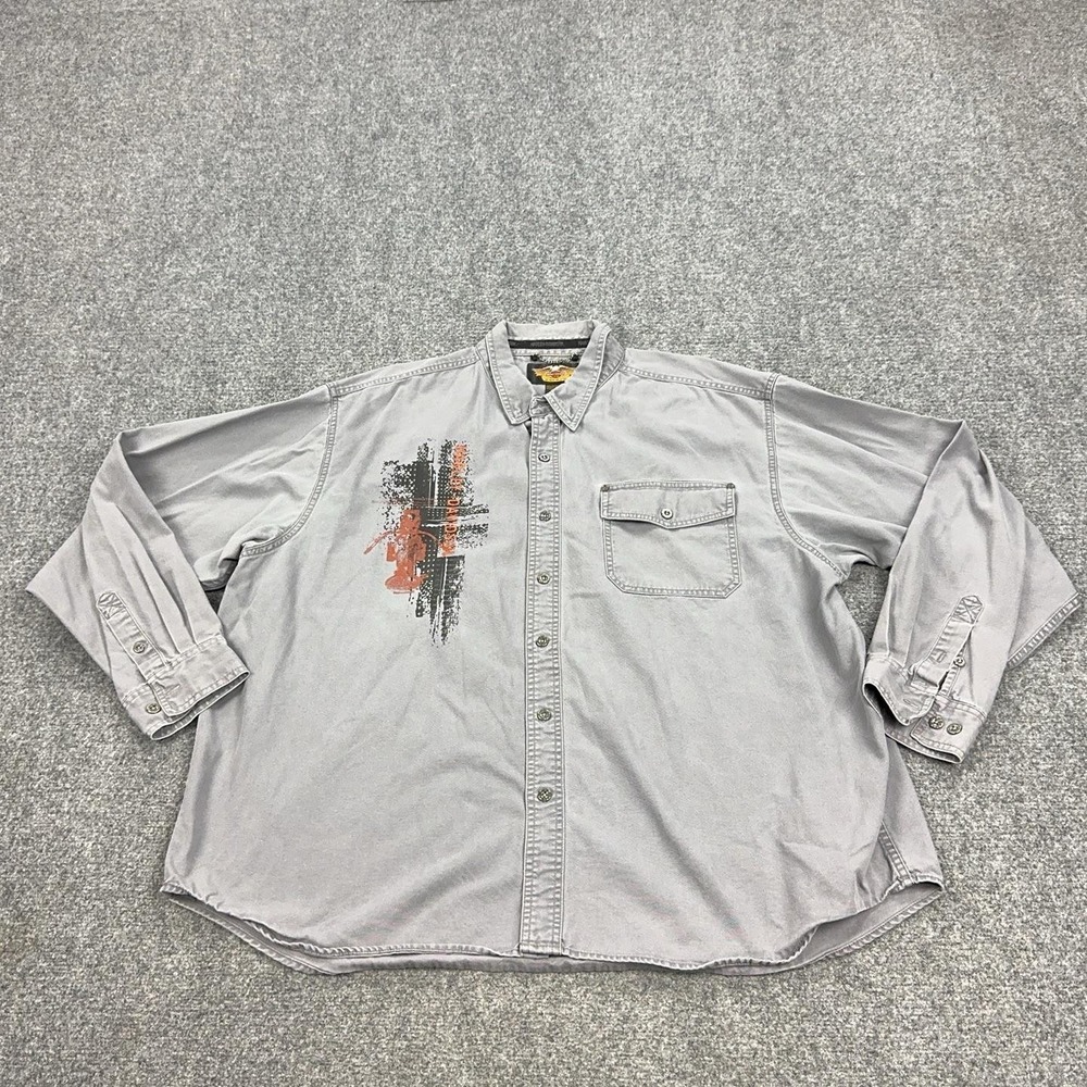 Harley-Davidson Shirt Mens 3XL Gray Graphic Cotton Long Sleeve Button Front